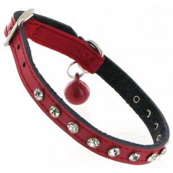 Kattenhalsband leer met steentjes rood 2