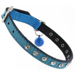 Kattenhalsband leer met steentjes blauw 2