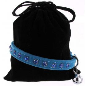 Kattenhalsband suede blauw met steentjes