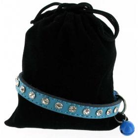 Kattenhalsband leer met steentjes blauw