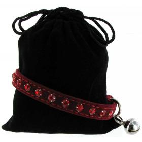 Kattenhalsband suede rood met steentjes