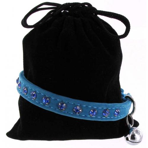 Kattenhalsband suede blauw met steentjes 1