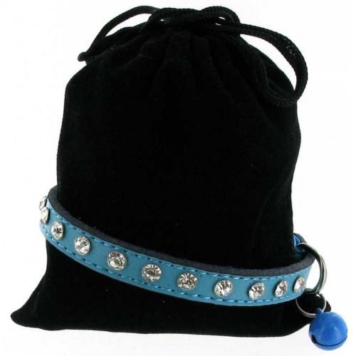 Kattenhalsband leer met steentjes blauw 1