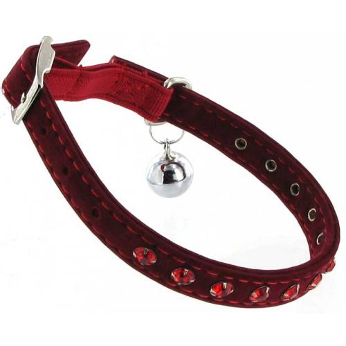 Kattenhalsband suede rood met steentjes 2