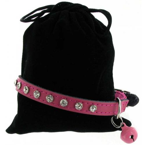 Kattenhalsband leer met steentjes roze 1