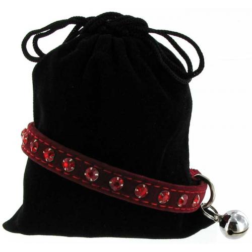 Kattenhalsband suede rood met steentjes 1